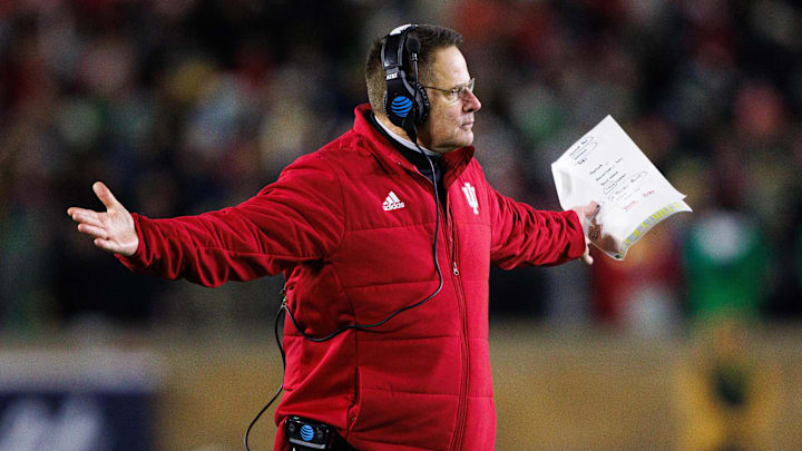 Indiana head coach Curt Cignetti holds his arms out during the first round of the College Football Playoff between Notre Dame and Indiana at Notre Dame Stadium on Friday, Dec. 20, 2024, in South Bend.