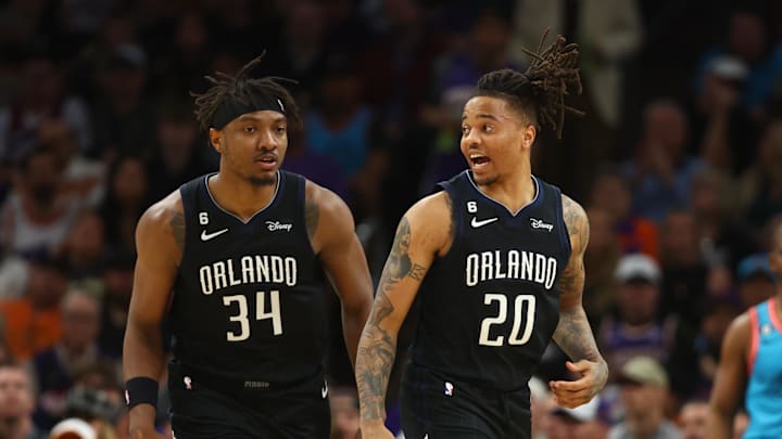Mar 16, 2023; Phoenix, Arizona, USA; Orlando Magic center Wendell Carter Jr. (34) and guard Markelle