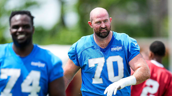 Detroit Lions offensive tackle Dan Skipper (70) practices during OTA at Meijer Performance Center in Allen Park on Friday, May 30, 2025.