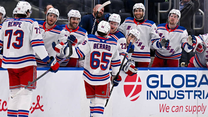 Apr 10, 2025; Elmont, New York, USA;  New York Rangers left wing Brett Berard (65) celebrates his goal against the New York Islanders during the third period at UBS Arena. Mandatory Credit: Dennis Schneidler-Imagn Images