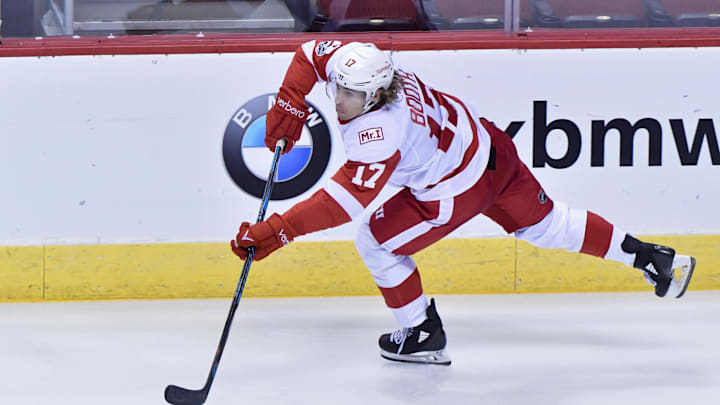 Oct 12, 2017; Glendale, AZ, USA; Detroit Red Wings left wing David Booth (17) passes the puck during the first period against the Arizona Coyotes at Gila River Arena. Mandatory Credit: Matt Kartozian-Imagn Images