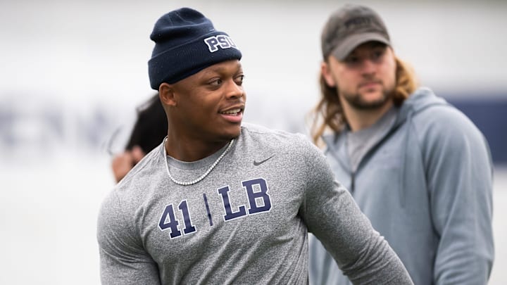 Linebacker Kobe King (41) warms up before participating in Penn State's Pro Day in Holuba Hall on March 28, 2025, in State College.