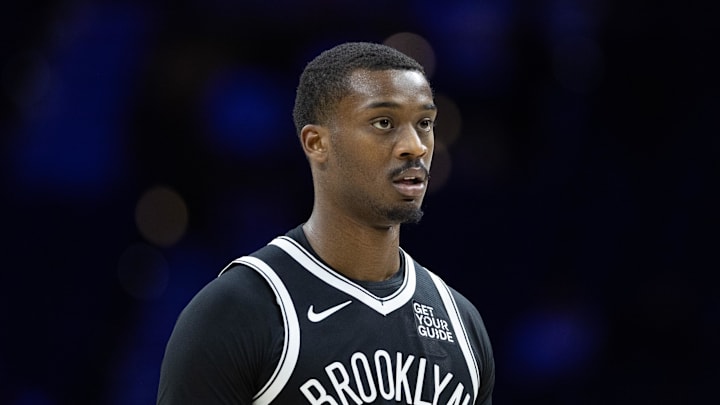 Oct 16, 2024; Philadelphia, Pennsylvania, USA; Brooklyn Nets forward Dariq Whitehead (0) in a game against the Philadelphia 76ers at Wells Fargo Center. Mandatory Credit: Bill Streicher-Imagn Images