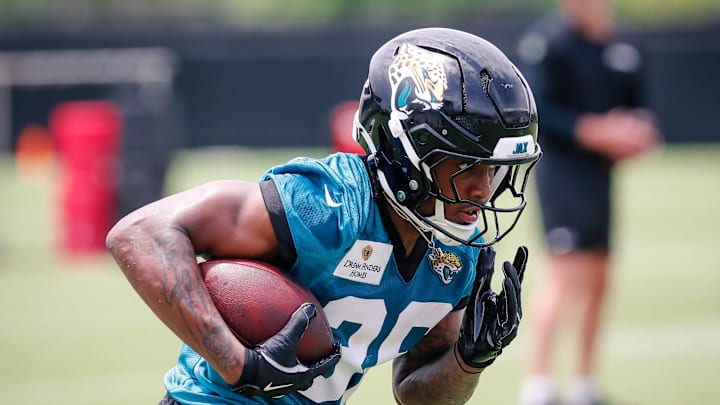 May 10, 2025; Jacksonville, FL, USA; Jacksonville Jaguars running back LeQuint Allen (36) participates in a drill during rookie minicamp at Miller Electric Center. Mandatory Credit: Travis Register-Imagn Images