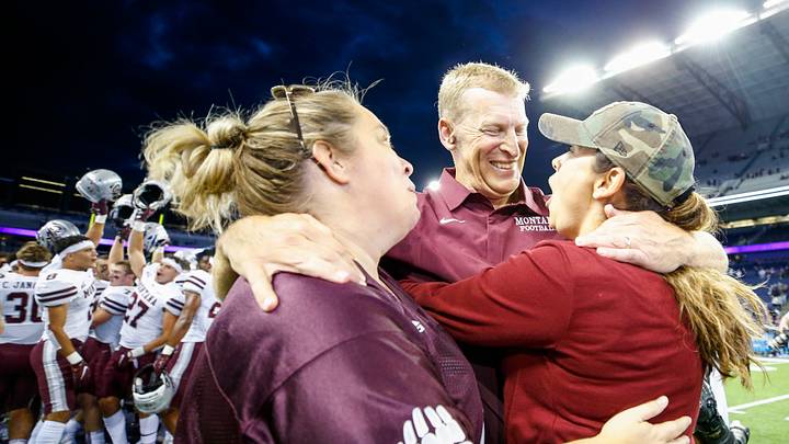 Then Montana coach Bobby Hauck celebrates after beating the UW 13-7 in 2021. Then Montana coach Bobby Hauck celebrates after beating the UW 13-7 in 2021.