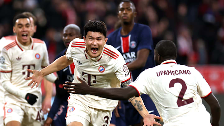 Kim Min-jae celebrating Bayern Munich's solitary goal against Paris Saint-Germain on Tuesday.