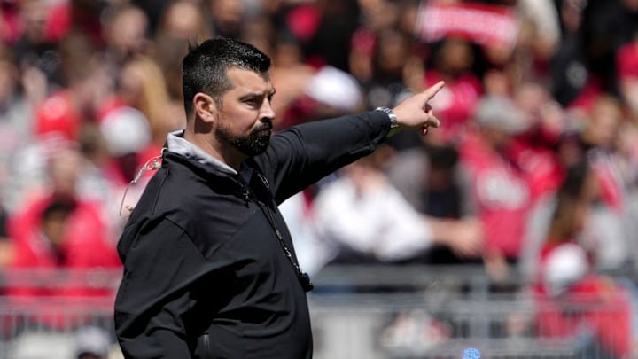 April 13, 2024; Columbus, Ohio, USA; 
Ohio State head football coach Ryan Day speaks to players
