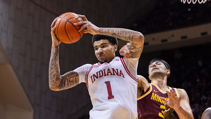 Jan 12, 2024; Bloomington, Indiana, USA; Indiana Hoosiers center Kel'el Ware (1) rebounds the ball.