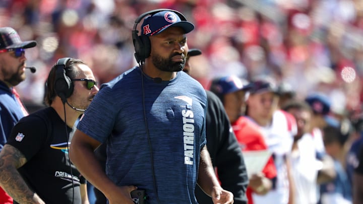 Sep 29, 2024; Santa Clara, California, USA; New England Patriots head coach Jerod Mayo looks on during the first quarter against the San Francisco 49ers at Levi's Stadium. Mandatory Credit: Sergio Estrada-Imagn Images