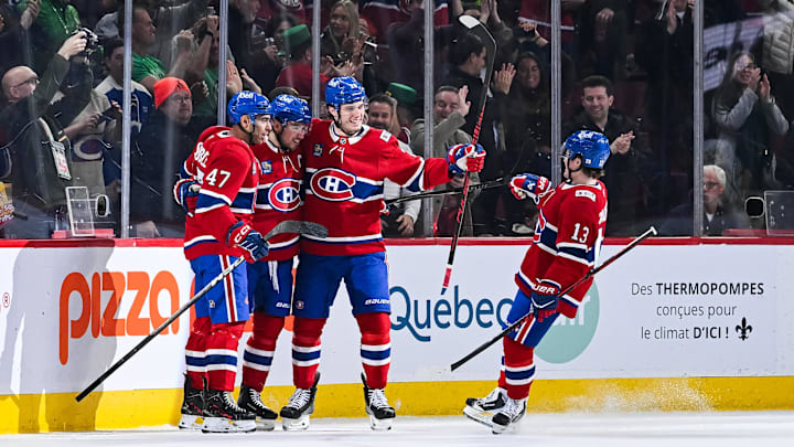 Mar 17, 2026; Montreal, Quebec, CAN; Montreal Canadiens center Nick Suzuki (14) celebrates with his teammates his goal against the Boston Bruins during the first period at Bell Centre. Mandatory Credit: David Kirouac-Imagn Images