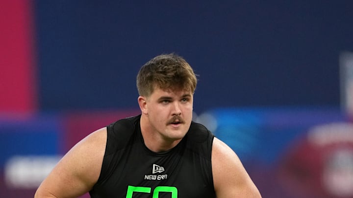 Mar 2, 2025; Indianapolis, IN, USA; North Dakota State offensive lineman Grey Zabel (OL50) during the 2025 NFL Scouting Combine at Lucas Oil Stadium. Mandatory Credit: Kirby Lee-Imagn Images