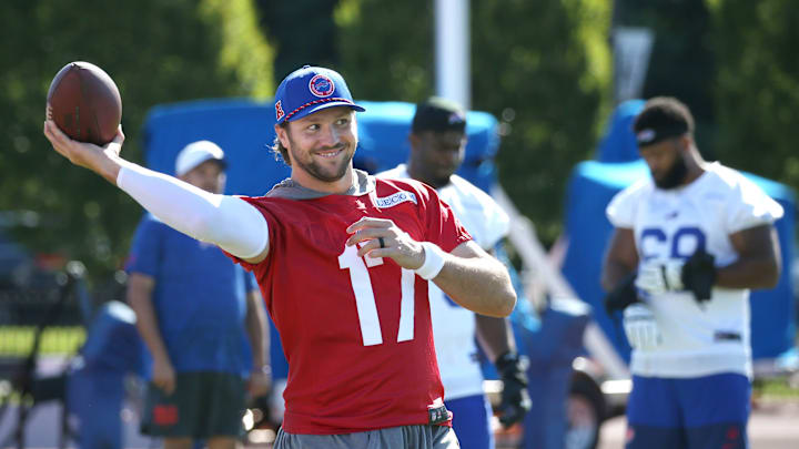 Bills quarterback Josh Allen throws on the sidelines during the opening day of Buffalo Bills training camp at St. John Fisher University Wednesday, July 23, 2025 in Pittsford.