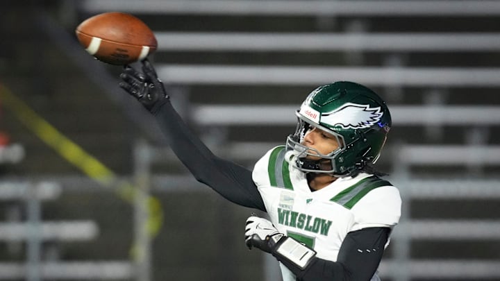 Winslow junior Jalen Parker (7) throws the ball during the Group 4 state football championship game against the Ramapo Raiders at SHI Stadium, Nov 30, 2025, Piscataway, New Jersey, United States.