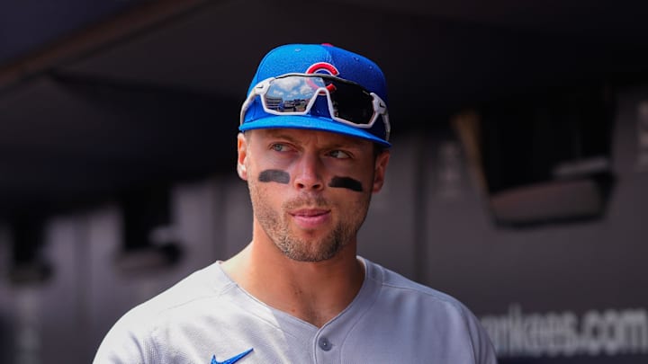 Jul 13, 2025; Bronx, New York, USA; Chicago Cubs second baseman Nico Hoerner (2) prior to the game against the New York Yankees at Yankee Stadium. Mandatory Credit: Gregory Fisher-Imagn Images