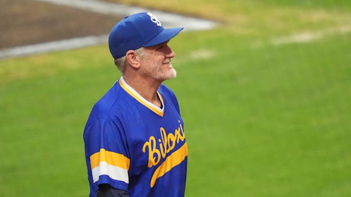 Biloxi Shuckers manager Joe Ayrault smiles as he looks into the stands at Covenant Health Park during a Minor League Baseball game against the Knoxville Smokies on August 5, 2025, Knoxville, Tennessee.
