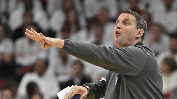Feb 9, 2026; Louisville, Kentucky, USA;  NC State Wolfpack head coach Will Wade calls out instructions during the first half against the Louisville Cardinals at KFC Yum! Center. Louisville defeated N.C. State 118-77. Mandatory Credit: Jamie Rhodes-Imagn Images