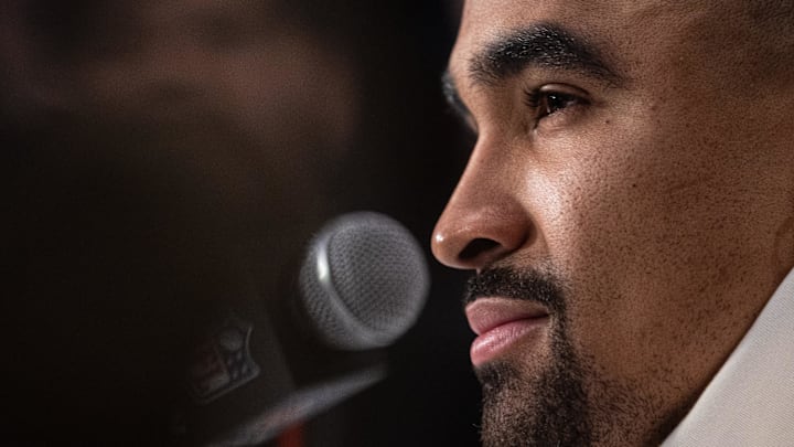 Feb 4, 2025; New Orleans, LA, USA; Philadelphia Eagles quarterback Jalen Hurts speaks with the media during a press conference at Hilton New Orleans Riverside. 