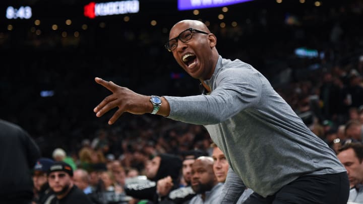 May 1, 2023; Boston, Massachusetts, USA; Philadelphia 76ers assistant coach Sam Cassell reacts to a play in the second half during game one of the 2023 NBA playoffs against the Boston Celtics at TD Garden. Mandatory Credit: Bob DeChiara-USA TODAY Sports May 1, 2023; Boston, Massachusetts, USA; Philadelphia 76ers assistant coach Sam Cassell reacts to a play in the second half during game one of the 2023 NBA playoffs against the Boston Celtics at TD Garden. Mandatory Credit: Bob DeChiara-USA TODAY Sports