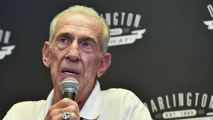 Sep 6, 2015; Darlington, SC, USA; NASCAR Hall of Famer Ned Jarrett addresses the media before the Bojangles' Southern 500 at Darlington Raceway.