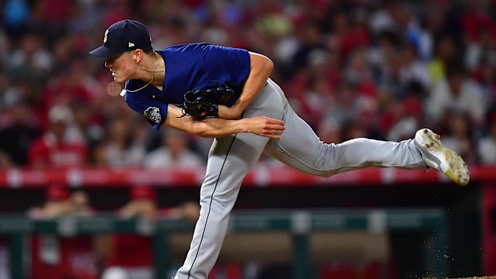 August 3, 2023; Anaheim, California, USA; Seattle Mariners starting pitcher Bryan Woo (33) throws