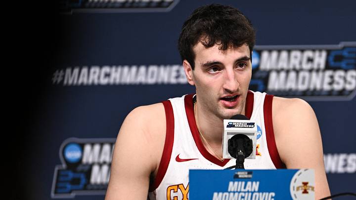 Mar 22, 2026; St. Louis, MO, USA; Iowa State Cyclones forward Milan Momcilovic (22) speaks during the postgame press conference after the game against the Kentucky Wildcats during a second round game of the men's 2026 NCAA Tournament at Enterprise Center. Mandatory Credit: Jeff Le-Imagn Images Mar 22, 2026; St. Louis, MO, USA; Iowa State Cyclones forward Milan Momcilovic (22) speaks during the postgame press conference after the game against the Kentucky Wildcats during a second round game of the men's 2026 NCAA Tournament at Enterprise Center. Mandatory Credit: Jeff Le-Imagn Images