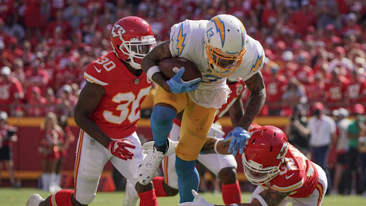 Sep 26, 2021; Kansas City, Missouri, USA; Los Angeles Chargers wide receiver Keenan Allen (13) runs