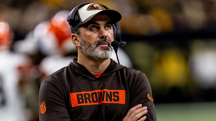 Nov 17, 2024; New Orleans, Louisiana, USA;  Cleveland Browns head coach Kevin Stefanski looks on against the New Orleans Saints during the first half at Caesars Superdome. Mandatory Credit: Stephen Lew-Imagn Images