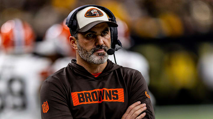 Nov 17, 2024; New Orleans, Louisiana, USA;  Cleveland Browns head coach Kevin Stefanski looks on against the New Orleans Saints during the first half at Caesars Superdome. Mandatory Credit: Stephen Lew-Imagn Images