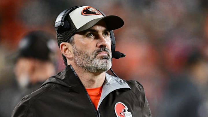 Dec 29, 2024; Cleveland, Ohio, USA; Cleveland Browns head coach Kevin Stefanski looks on during the second half against the Miami Dolphins at Huntington Bank Field. Mandatory Credit: Ken Blaze-Imagn Images