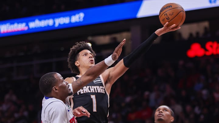 Nov 18, 2025; Atlanta, Georgia, USA; Atlanta Hawks forward Jalen Johnson (1) shoots against the Detroit Pistons in the third quarter at State Farm Arena. Mandatory Credit: Brett Davis-Imagn Images Nov 18, 2025; Atlanta, Georgia, USA; Atlanta Hawks forward Jalen Johnson (1) shoots against the Detroit Pistons in the third quarter at State Farm Arena. Mandatory Credit: Brett Davis-Imagn Images
