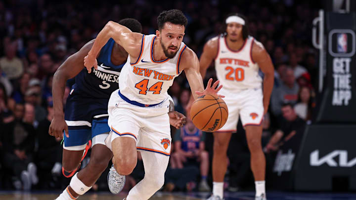 Oct 13, 2024; New York, New York, USA; New York Knicks guard Landry Shamet (44) steals the ball from Minnesota Timberwolves guard Anthony Edwards (5) during the first half at Madison Square Garden. Mandatory Credit: Vincent Carchietta-Imagn Images