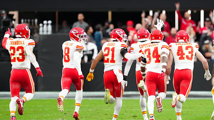 Jan 4, 2026; Paradise, Nevada, USA; Kansas City Chiefs safety Chamarri Conner (27) celebrates with team mates after making an interception against the Las Vegas Raiders during the first quarter at Allegiant Stadium. Mandatory Credit: Stephen R. Sylvanie-Imagn Images