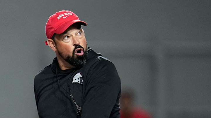 Ohio State Buckeyes head coach Ryan Day reacts during the first day of spring workouts for the 2026 football season at Woody Hayes Athletic Complex in Columbus on March 10, 2026. Ohio State Buckeyes head coach Ryan Day reacts during the first day of spring workouts for the 2026 football season at Woody Hayes Athletic Complex in Columbus on March 10, 2026.