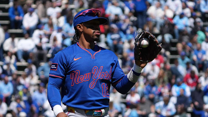 Apr 18, 2026; Chicago, Illinois, USA; New York Mets shortstop Francisco Lindor (12) warms up before a game against the Chicago Cubs at Wrigley Field. Mandatory Credit: David Banks-Imagn Images