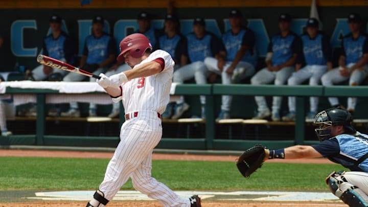 June 9, 2013; Cary, NC, USA; South Carolina Gamecocks shortstop Joey Pankake (9) bats against the North Carolina Tarheels  during the Chapel Hill Super Regional at Boshamer Stadium. Mandatory Credit: Rob Kinnan-Imagn Images
