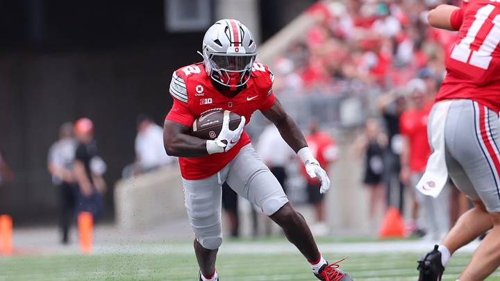 Sep 5, 2026; Columbus, Ohio, USA;  Ohio State Buckeyes running back Legend Bey (2) runs for a touchdown during the fourth quarter against the Ball State Cardinals at Ohio Stadium.  Mandatory Credit: Joseph Maiorana-Imagn Images