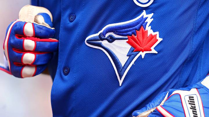 Mar 25, 2018; Dunedin, FL, USA; A view of the Blue Jays logo on an official Majestic game jersey during a game between the Pittsburgh Pirates and the Toronto Blue Jays at Florida Auto Exchange Stadium. Mandatory Credit: Aaron Doster-USA TODAY Sports