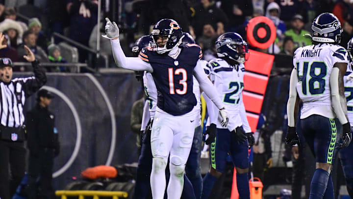 Dec 26, 2024; Chicago, Illinois, USA; Chicago Bears wide receiver Keenan Allen (13) signals first down after a catch against the Seattle Seahawks during the second quarter at Soldier Field. Mandatory Credit: Daniel Bartel-Imagn Images
