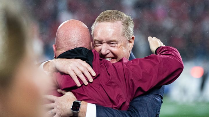 Florida State athletic director Michael Alford celebrates the Seminoles victory. The Florida State Seminoles defeated the Louisville Cardinals 16-6 to claim the ACC Championship title in Charlotte, North Carolina on Saturday, Dec. 2, 2023.