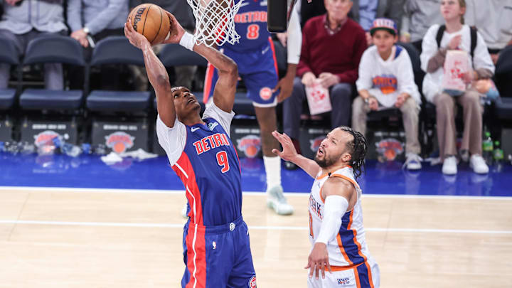 Apr 29, 2025; New York, New York, USA; Detroit Pistons forward Ausar Thompson (9) dunks against New York Knicks guard Jalen Brunson (11) in the third quarter during game five of first round for the 2025 NBA Playoffs at Madison Square Garden. Mandatory Credit: Wendell Cruz-Imagn Images