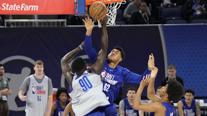 May 14, 2024; Chicago, IL, USA; Adam Bona (90) and Ulrich Chomche (62) participate during the 2024 NBA Draft Combine at Wintrust Arena. Mandatory Credit: David Banks-Imagn Images