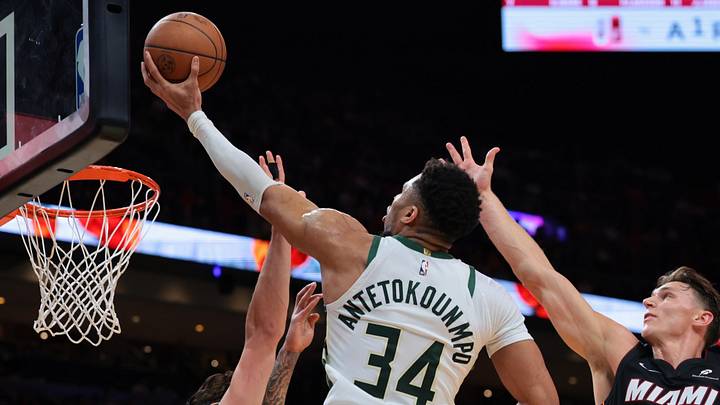 Mar 12, 2026; Miami, Florida, USA; Milwaukee Bucks forward Giannis Antetokounmpo (34) drives to the basket against Miami Heat guard Pelle Larsson (9) and forward Jaime Jaquez Jr. (11) during the second quarter at Kaseya Center. Mandatory Credit: Sam Navarro-Imagn Images Mar 12, 2026; Miami, Florida, USA; Milwaukee Bucks forward Giannis Antetokounmpo (34) drives to the basket against Miami Heat guard Pelle Larsson (9) and forward Jaime Jaquez Jr. (11) during the second quarter at Kaseya Center. Mandatory Credit: Sam Navarro-Imagn Images