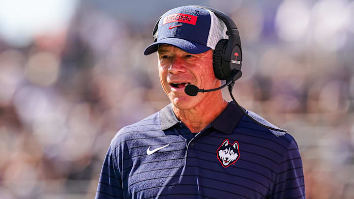 Aug 30, 2025; East Hartford, Connecticut, USA; Connecticut Huskies head coach Jim Mora watches from the sideline as they take on the Central Connecticut State Blue Devils at Pratt & Whitney Stadium at Rentschler Field. Mandatory Credit: David Butler II-Imagn Images