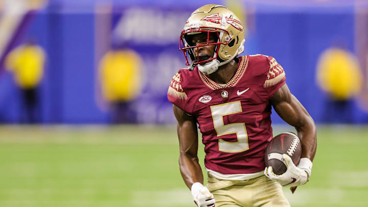 Sep 4, 2022; New Orleans, Louisiana, USA; Florida State Seminoles wide receiver Deuce Spann (5) rushes against the LSU Tigers during the second half of the game at Caesars Superdome. Mandatory Credit: Stephen Lew-Imagn Images