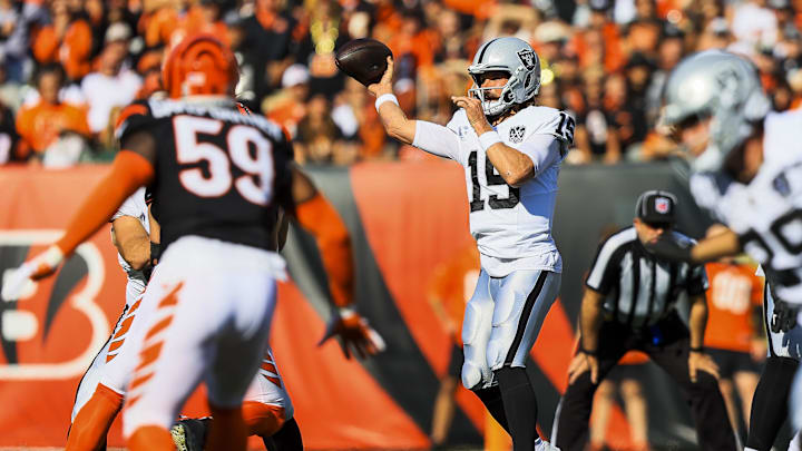Nov 3, 2024; Cincinnati, Ohio, USA; Las Vegas Raiders quarterback Gardner Minshew (15) throws a pass against the Cincinnati Bengals in the first half at Paycor Stadium. Mandatory Credit: Katie Stratman-Imagn Images