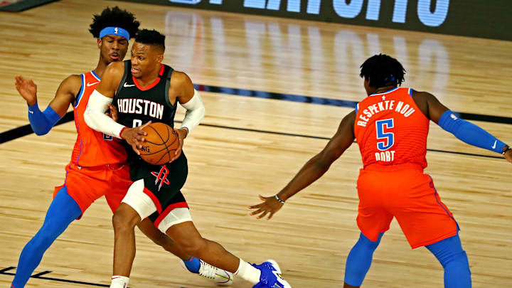 Aug 29, 2020; Lake Buena Vista, Florida, USA; Houston Rockets guard Russell Westbrook (0) drives to Aug 29, 2020; Lake Buena Vista, Florida, USA; Houston Rockets guard Russell Westbrook (0) drives to