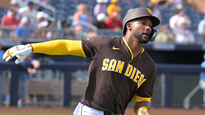 Feb 23, 2026; Peoria, Arizona, USA;  San Diego Padres third baseman Miguel Andujar (41) rounds the bases after a solo home run in the fourth inning against the Milwaukee Brewers at Peoria Sports Complex. Mandatory Credit: Jayne Kamin-Oncea-Imagn Images