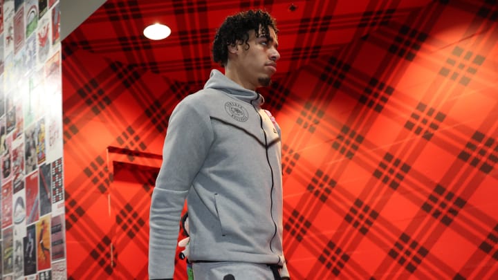 Mar 23, 2024; Portland, Oregon, USA;  Denver Nuggets guard Julian Strawther (3) arrives at Moda Center to play Portland Trail Blazers. Mandatory Credit: Jaime Valdez-USA TODAY Sports