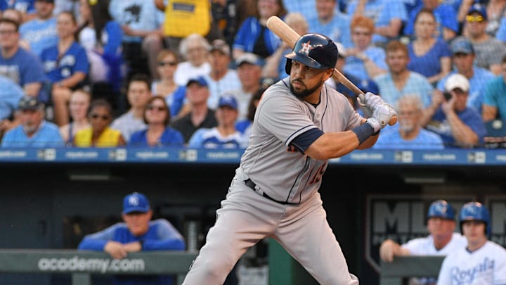 Jun 5, 2017; Kansas City, MO, USA; Houston Astros designated hitter Carlos Beltran (15) at bat in the game against the Kansas City Royals at Kauffman Stadium. Mandatory Credit: Denny Medley-Imagn Images Jun 5, 2017; Kansas City, MO, USA; Houston Astros designated hitter Carlos Beltran (15) at bat in the game against the Kansas City Royals at Kauffman Stadium. Mandatory Credit: Denny Medley-Imagn Images