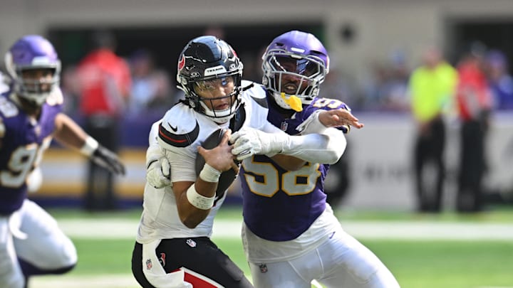 Sep 22, 2024; Minneapolis, Minnesota, USA; Minnesota Vikings linebacker Jonathan Greenard (58) sacks Houston Texans quarterback C.J. Stroud (7) during the fourth quarter at U.S. Bank Stadium. Mandatory Credit: Jeffrey Becker-Imagn Images